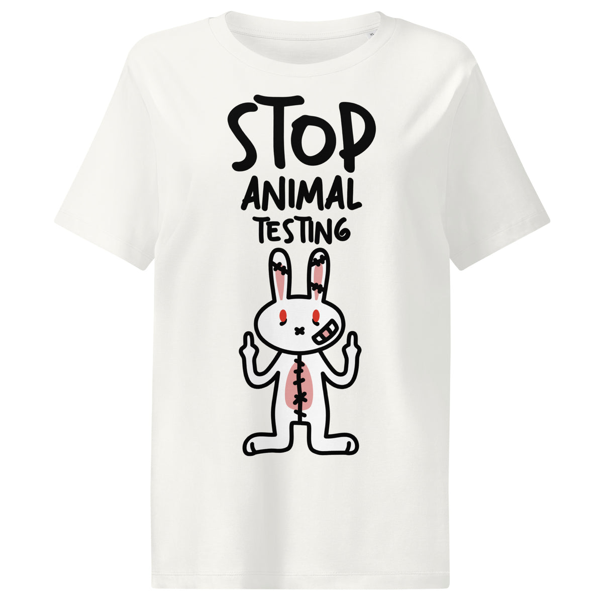 Damen-T-Shirt in Off-White mit Aufdruck „STOP ANIMAL TESTING“ und Hase