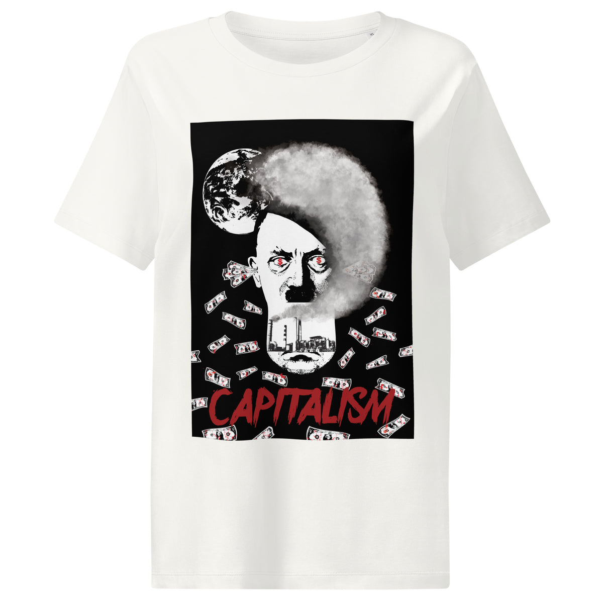 Damen-T-Shirt in Weiß mit Frontaufdruck „CAPITALISM“ und Porträtgrafik