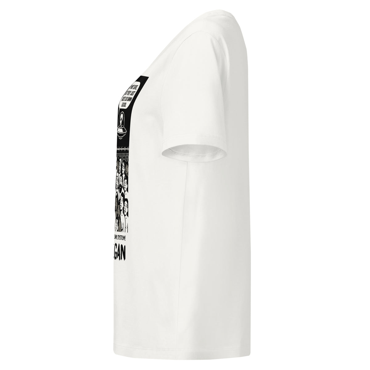 Damen-T-Shirt, offwhite, seitliche Ansicht mit Alien-Grafik am Ärmel/Brust