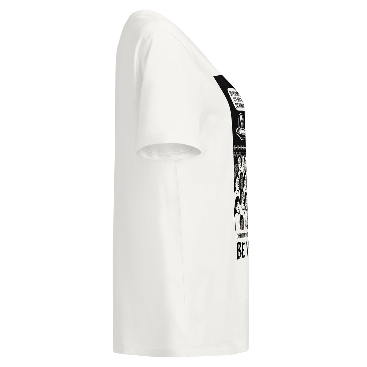 Off-White Damen-T-Shirt mit seitlichem Print „BE VEGAN“ und Alien-Gesichtern