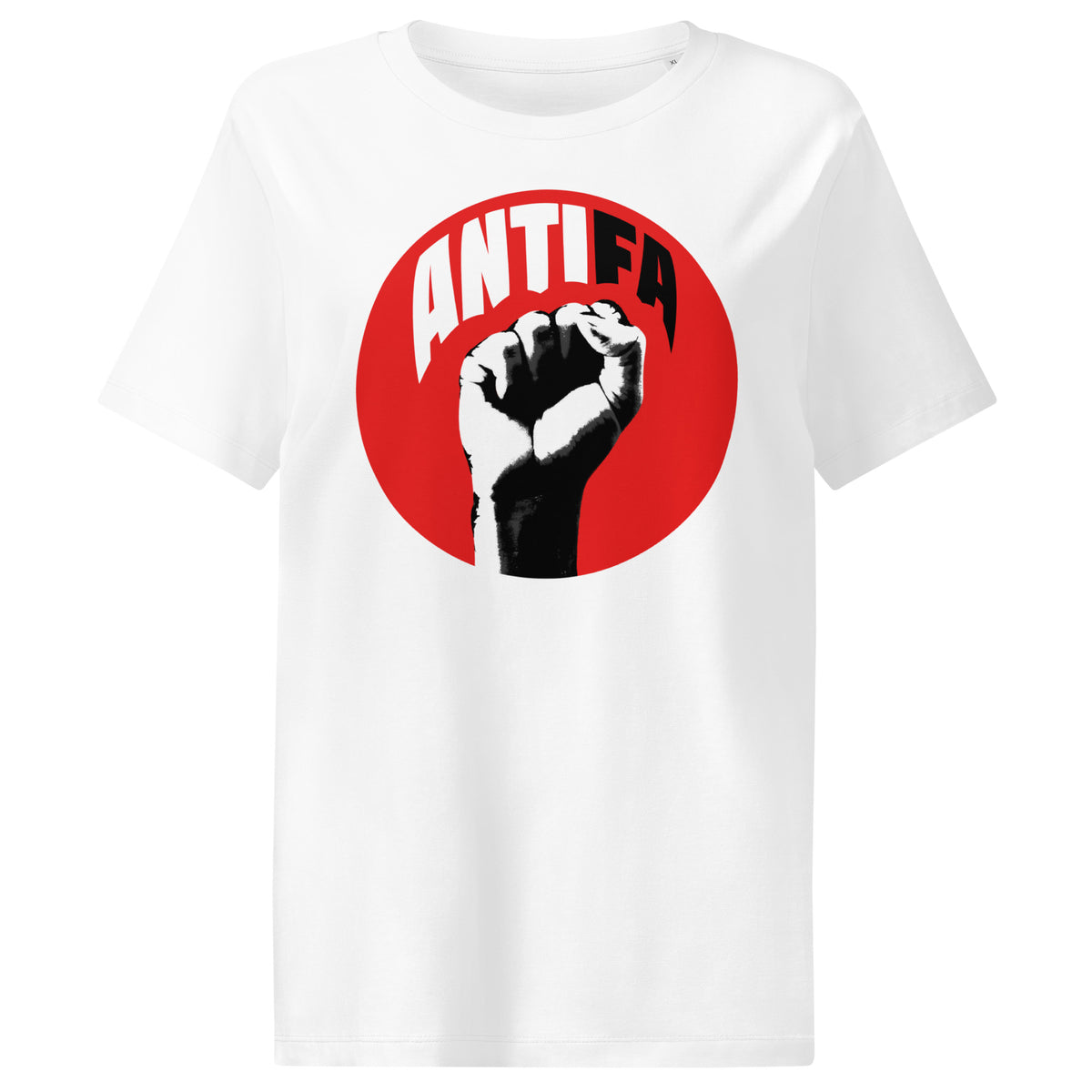 Damen-T-Shirt weiß, rundes ANTIFA-Logo mit Faustdruck