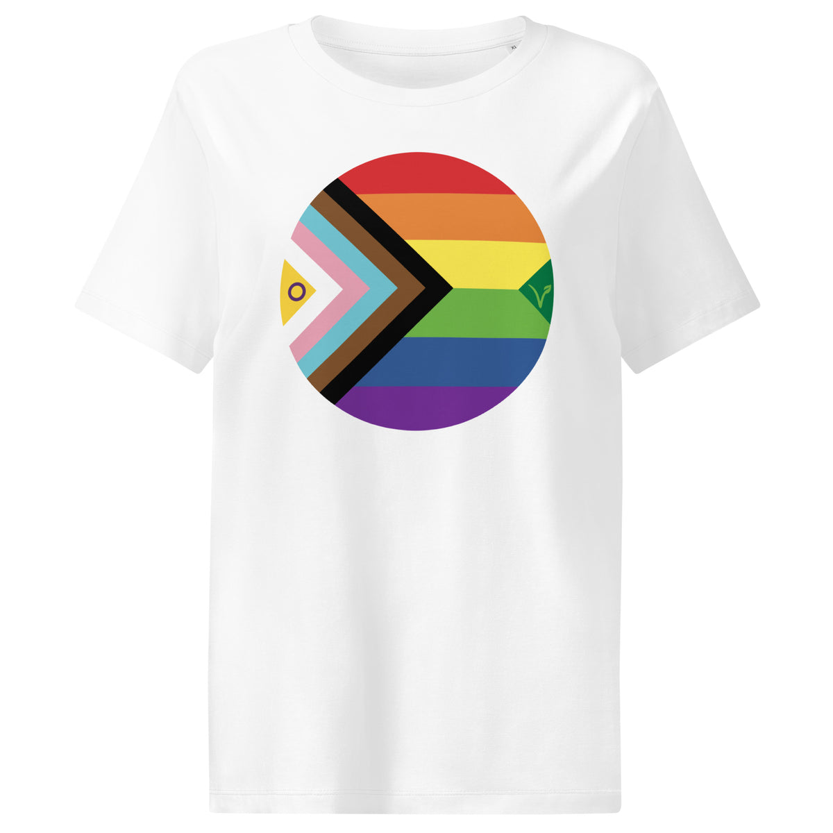 Veganes Bio Damen-T-Shirt, weiß, mit großem rundem Regenbogen-Brustdruck