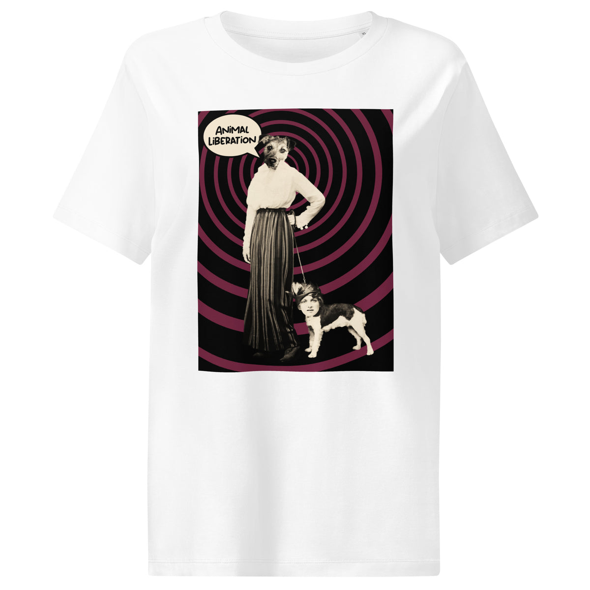 Damen-T-Shirt weiß mit großem Print „Animal Liberation“ (Hund & Figur)