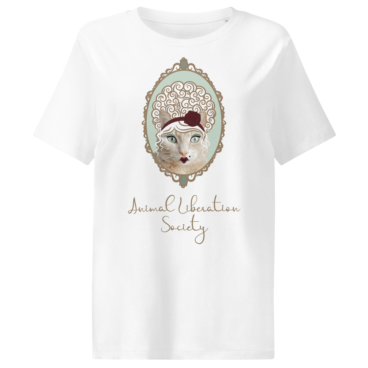 Weißes Damen-T-Shirt mit Katzenporträt und Schriftzug „Animal Liberation Society“