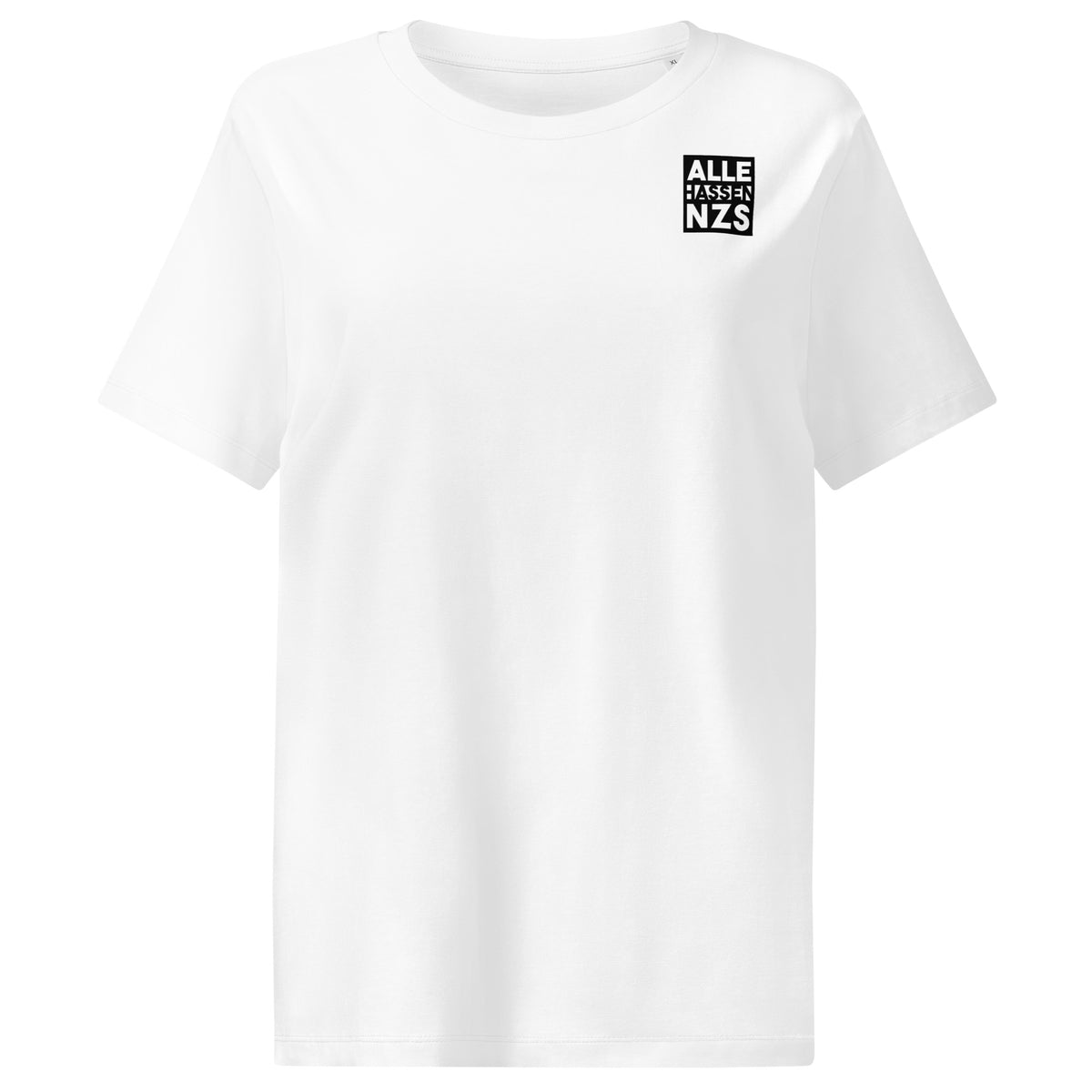 Veganes Bio Damen-T-Shirt, weiß, mit Brustprint „ALLE HASSEN NZS“