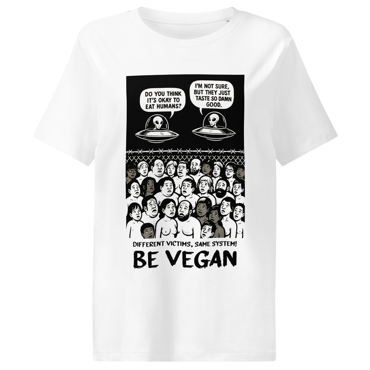 Damen-T-Shirt, Weiß, Frontprint „BE VEGAN“ mit Alien-Motiven