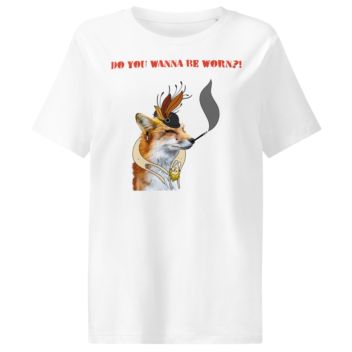 Weißes Damen-T-Shirt mit Fuchs-Comicprint und „DO YOU WANNA BE WORN?!“