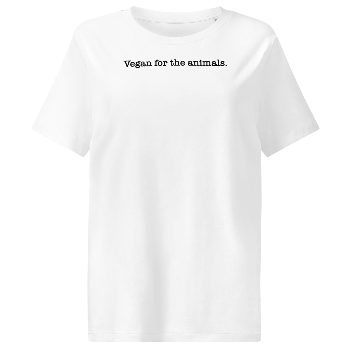 Damen-T-Shirt, weiß, Rundhalsausschnitt, kurzer Ärmel, Aufdruck „Vegan for the animals.“
