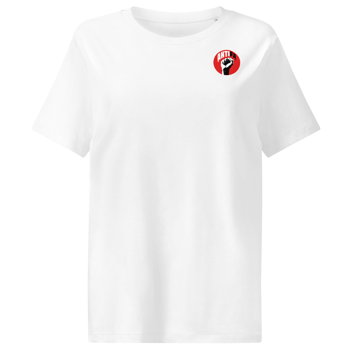 Damen-T-Shirt, hellweiß, Rundhalsausschnitt, ANTIFA-Logo vorn
