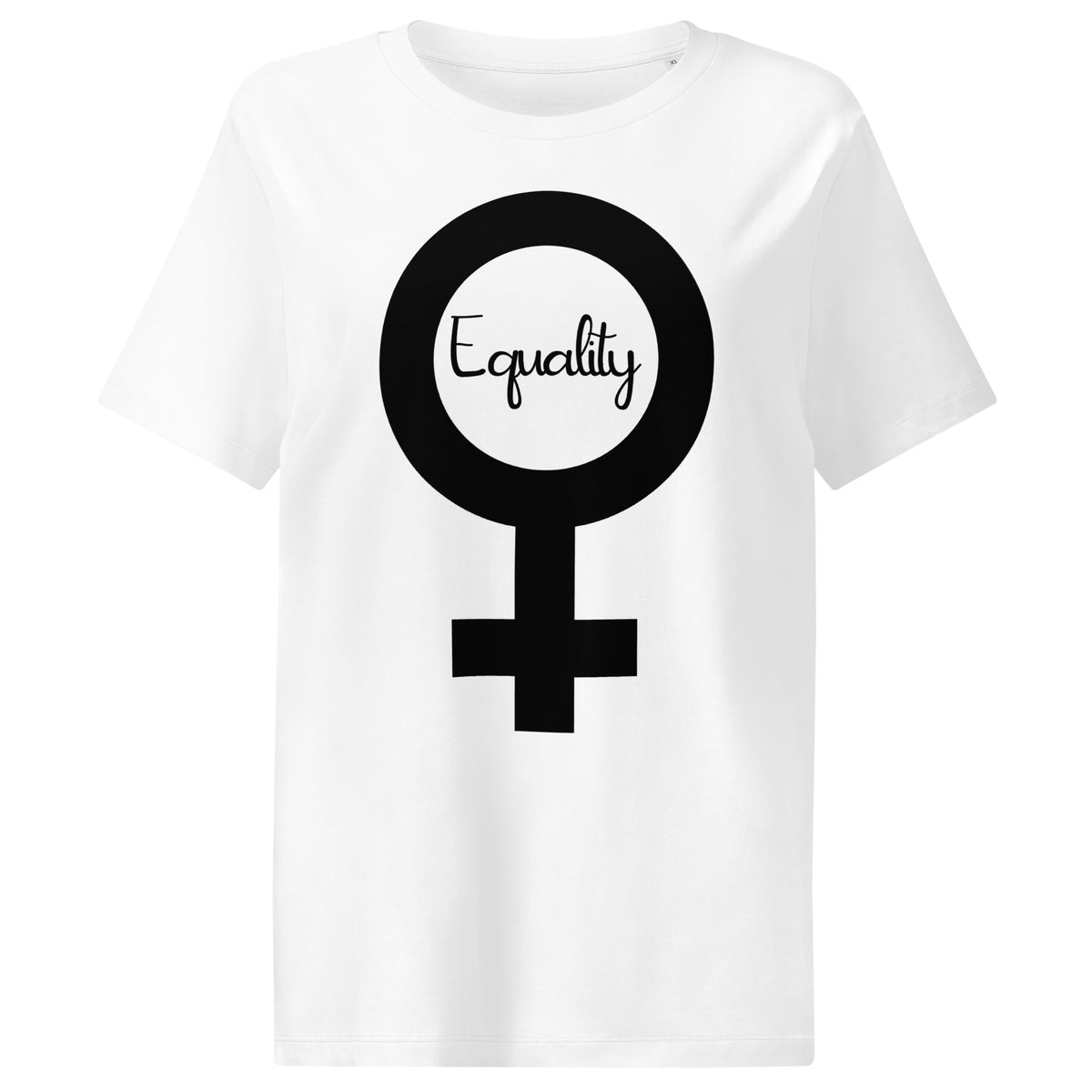 Weißes Damen-T-Shirt mit großem schwarzem Symbol und Schriftzug „Equality“