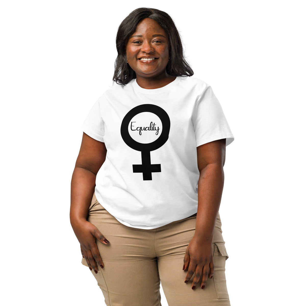Weißes Damen-T-Shirt mit großem schwarzen Symbol und „Equality“-Schriftzug am Oberteil