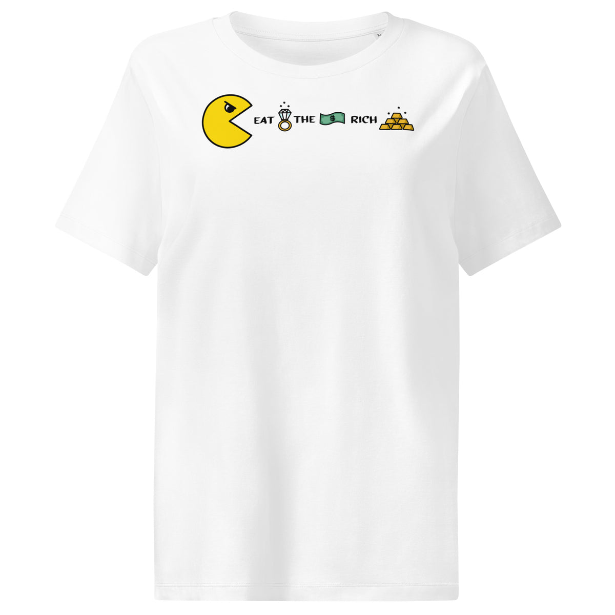 Damen-T-Shirt, weiß, Frontprint mit PAC Man und „EAT THE RICH“