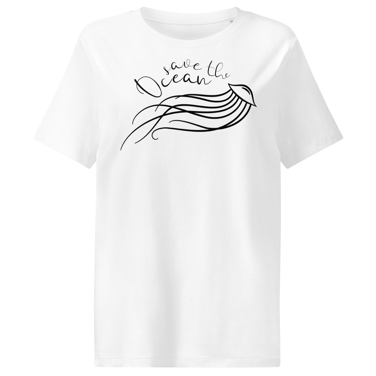 Damen-T-Shirt, weiß, mit schwarzem Quallen- und Ozean-Motiv