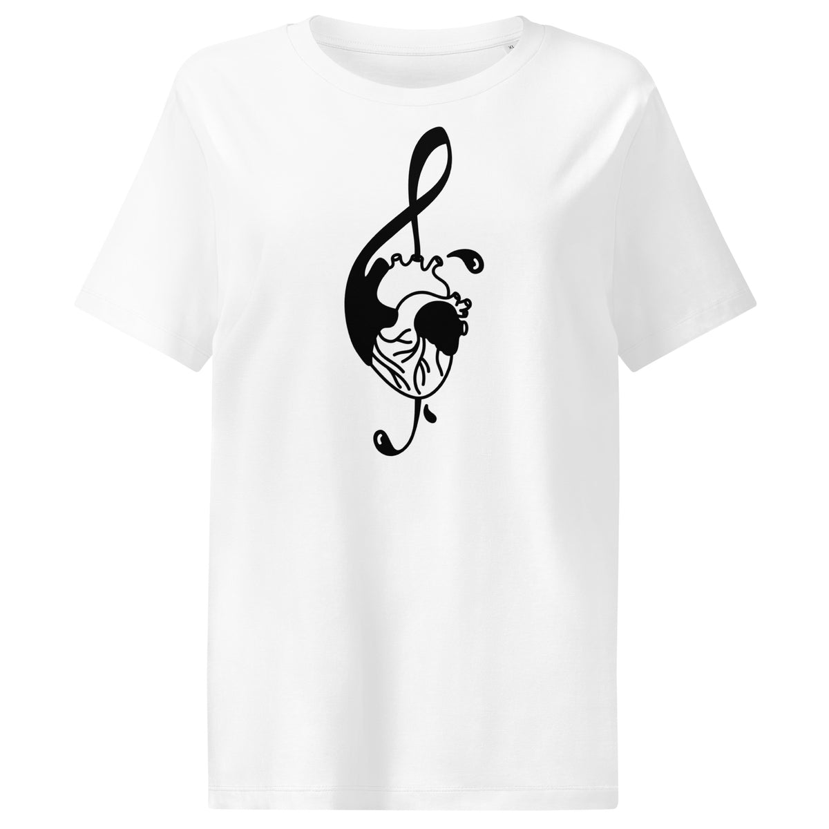 Weißes Damen-T-Shirt mit schwarzem Musiknoten-Katzenkopf-Print