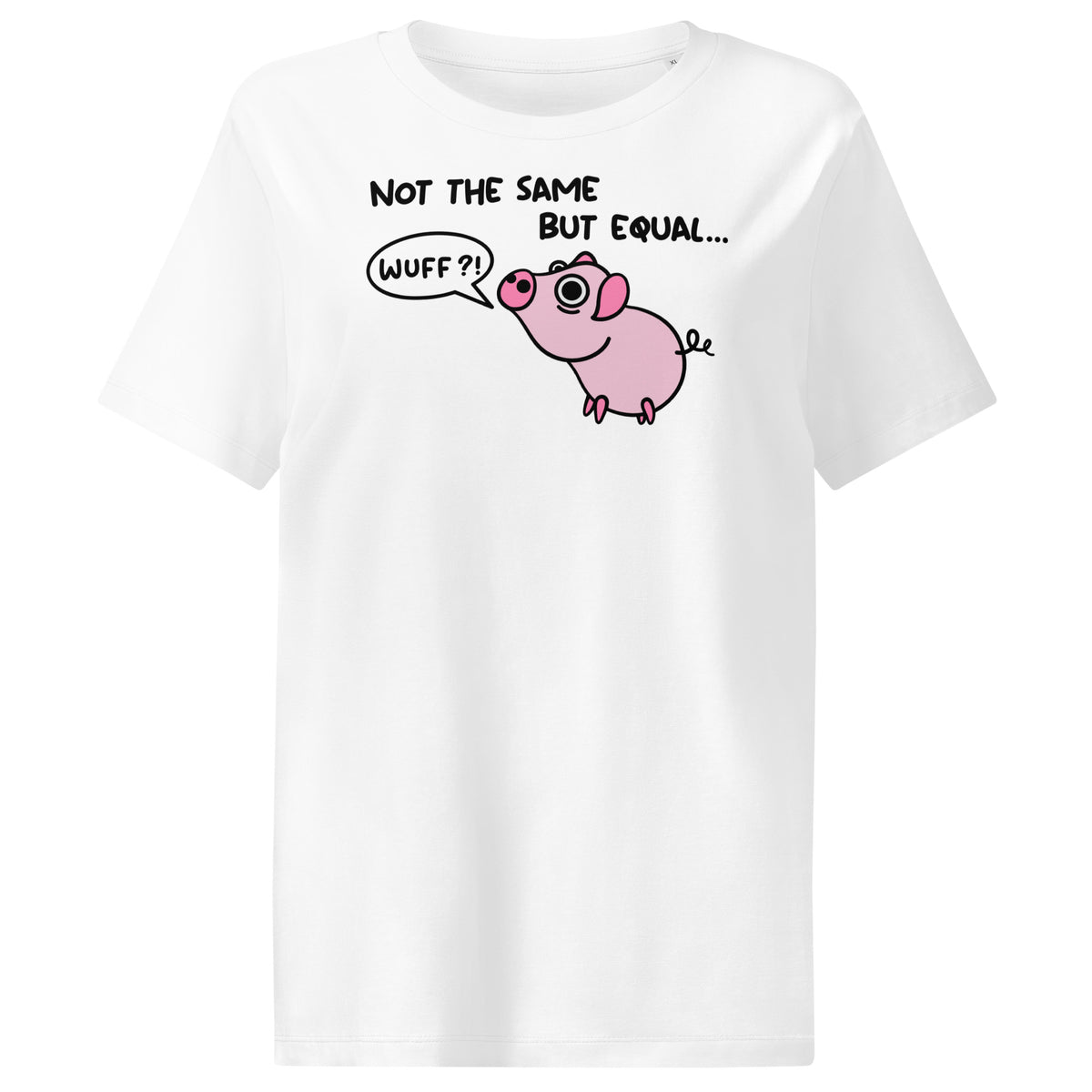 Weißes Damen-T-Shirt mit Rundhalsausschnitt und Ferkel-Comic-Print auf der Brust