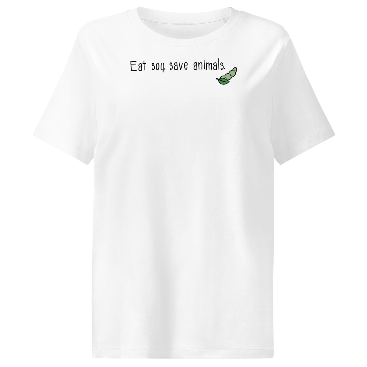 Weißes Damen-T-Shirt mit Aufdruck „Eat soy, save animals“ und grünem Schildkröten-Icon