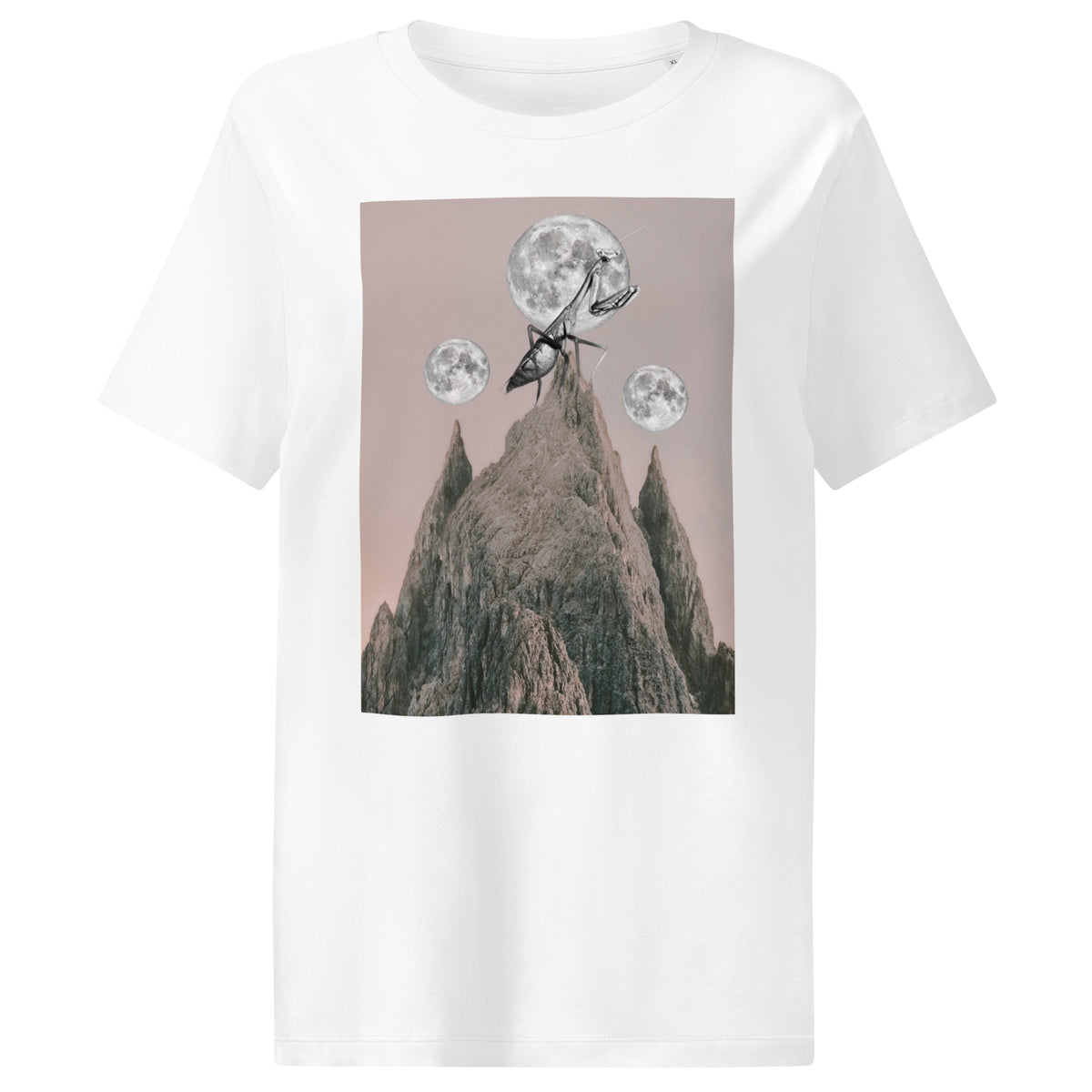Damen-T-Shirt weiß mit Frontprint: Gottesanbeterin über Bergen