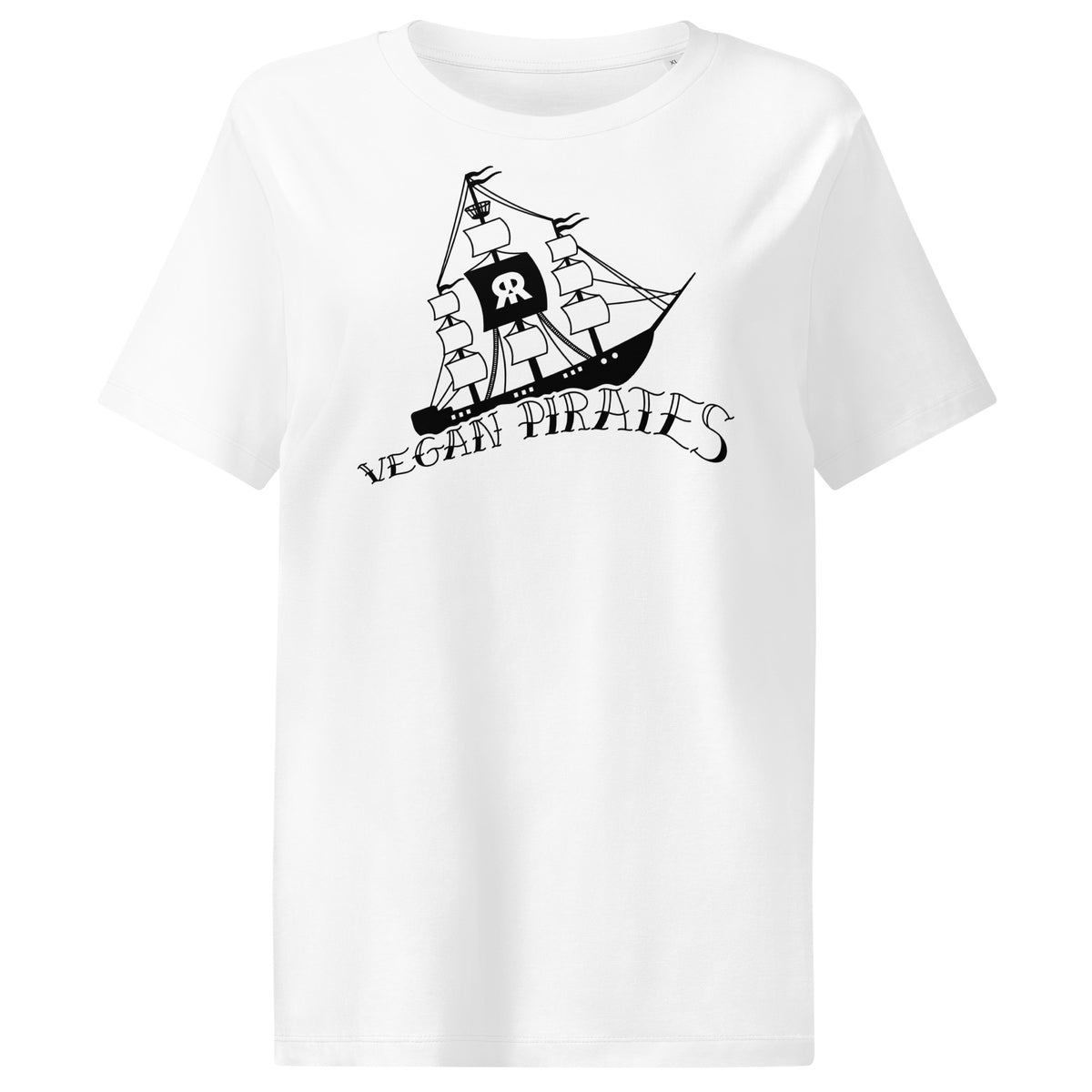 Weißes Damen-T-Shirt mit Piratengrafik und Schriftzug „Vegan Pirates“