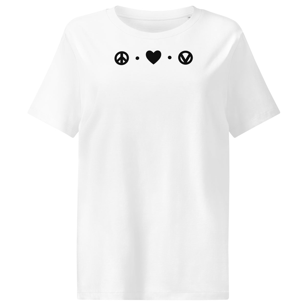 Damen-T-Shirt weiß mit Peace-Heart- und Vegan-Symbol-Print