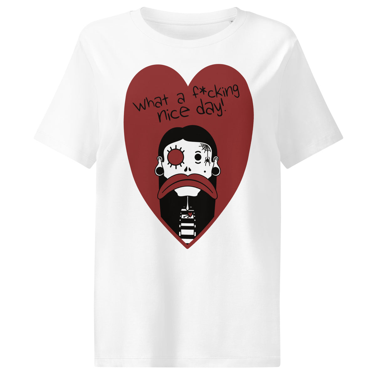 Damen-T-Shirt in Weiß mit Front-Print: rotes Dreieck mit Gesicht und Textgrafik