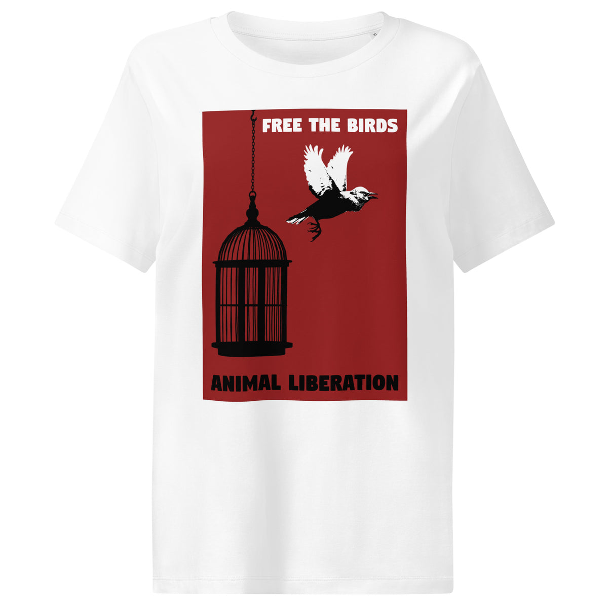 Weißes Damen-T-Shirt mit rechteckigem Vogelkäfig-Print mittig vorne