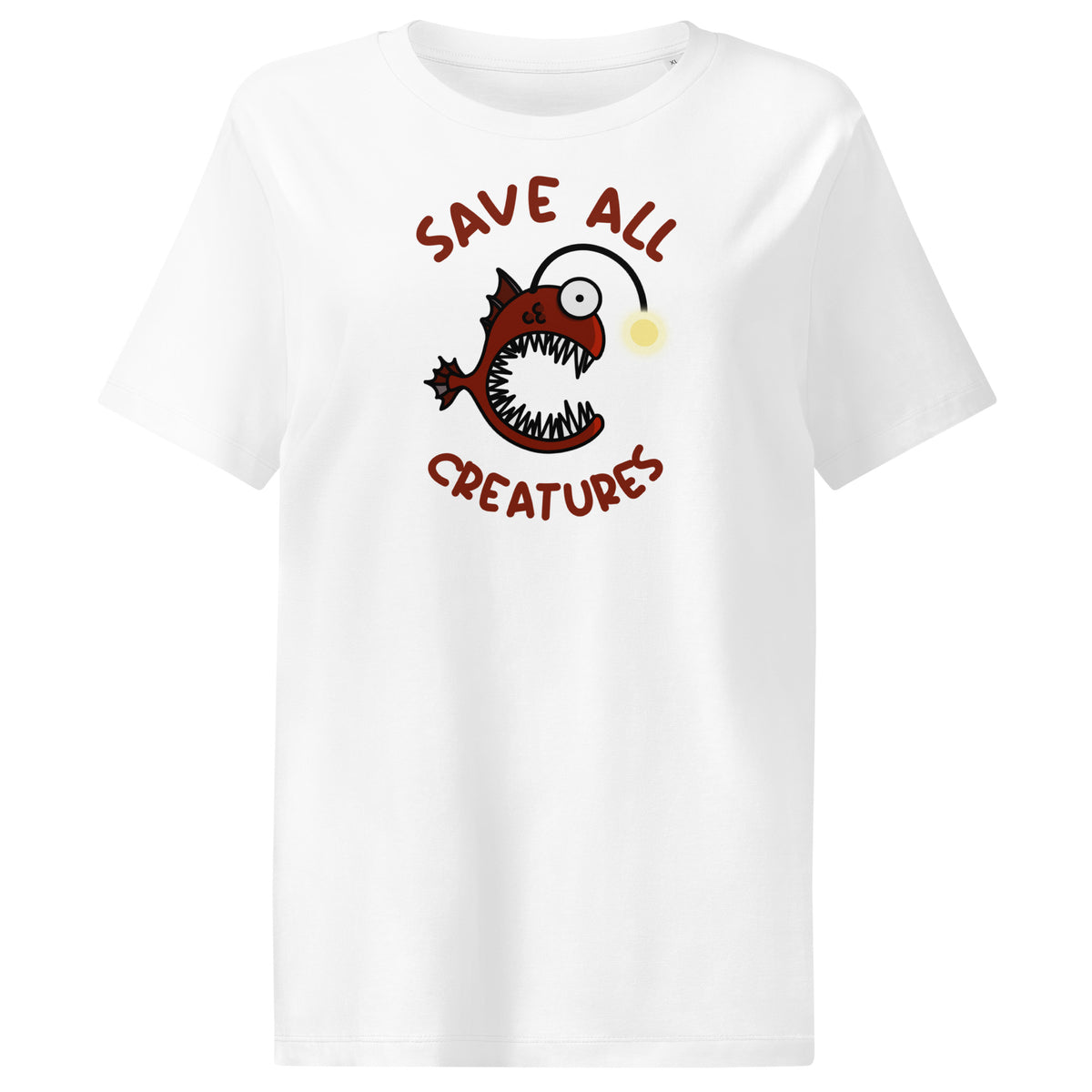 Weißes Damen-T-Shirt: Froschfisch-Print im Kreis, „Save All Creatures“