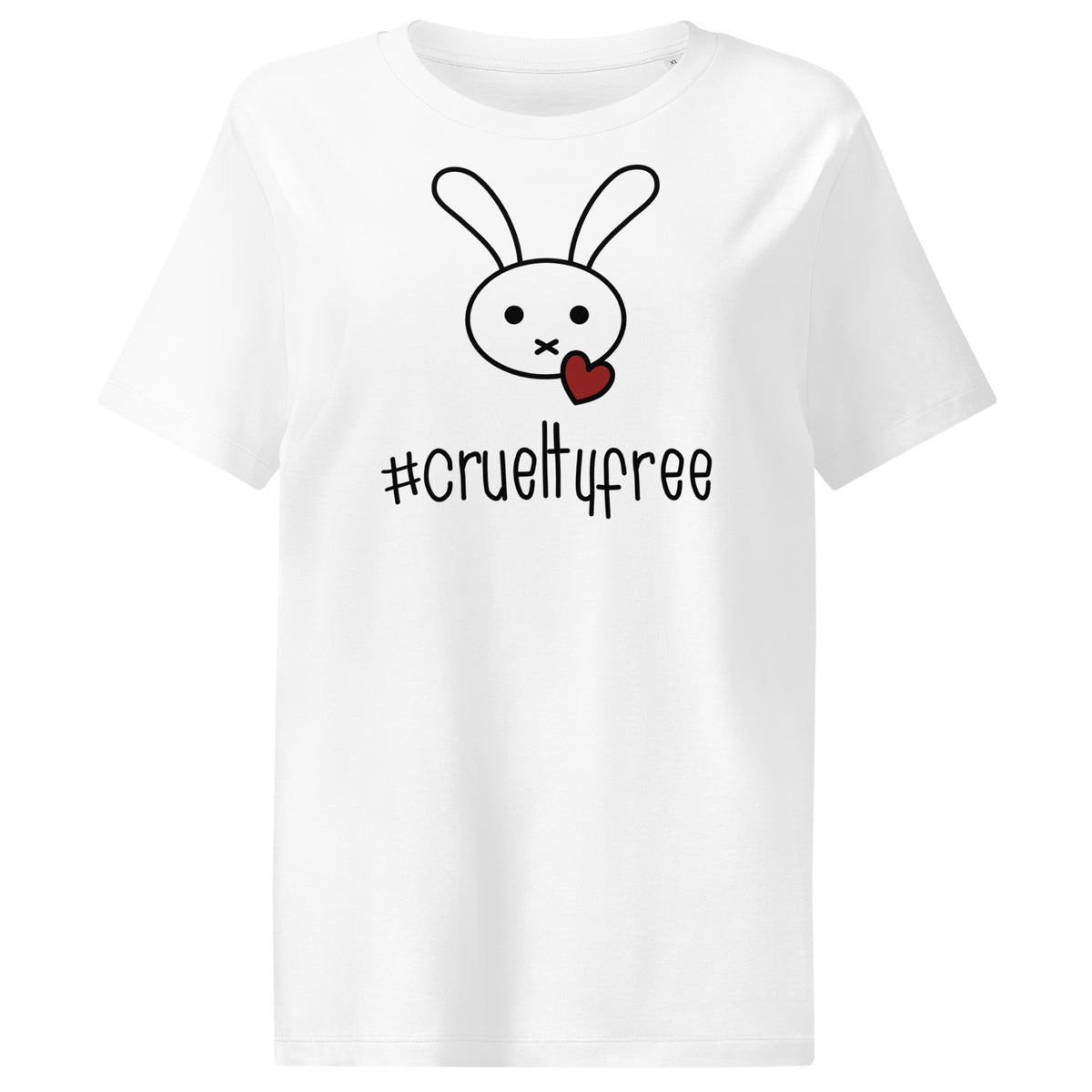 Weißes Damen-T-Shirt mit Hase-Logo und Schriftzug #crueltyfree vorn