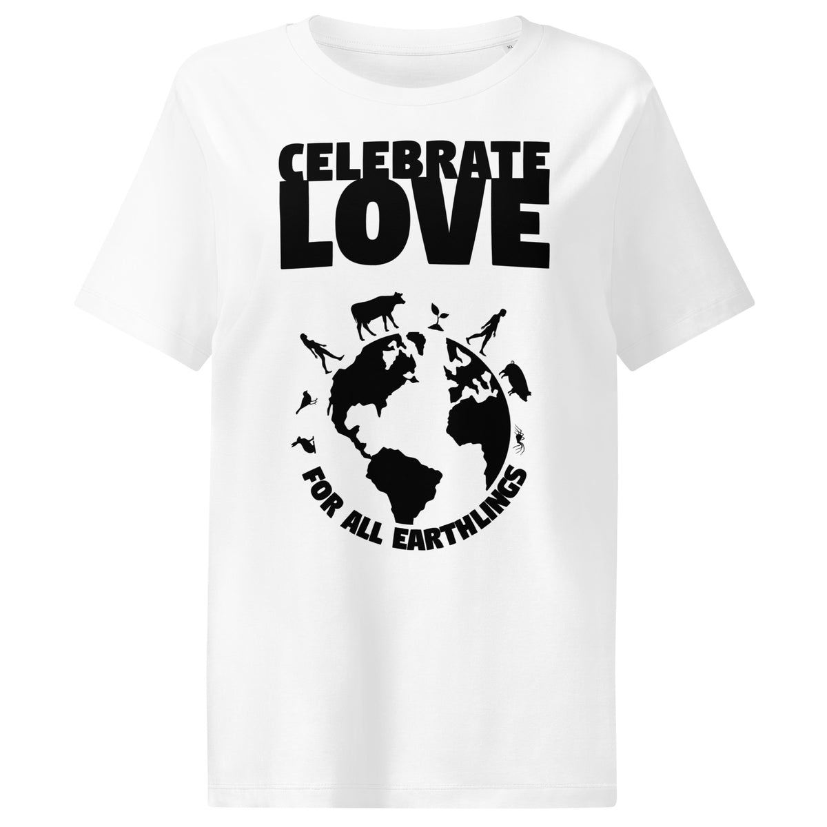 Damen-T-Shirt in Weiß mit „CELEBRATE LOVE“-Weltmotiv, Rundhalsausschnitt