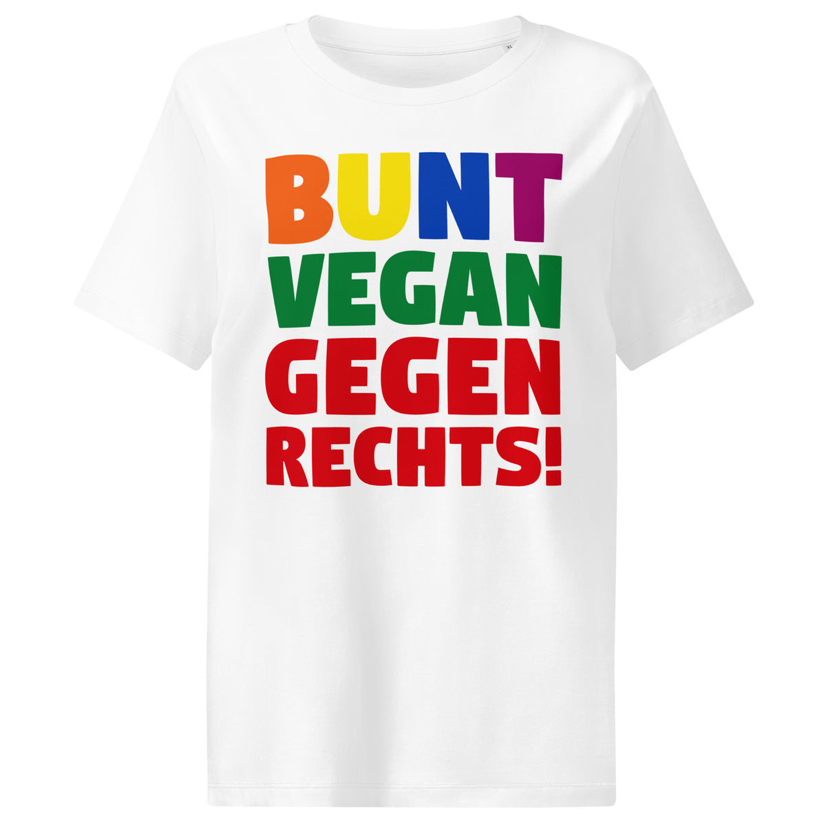 Damen-T-Shirt Weiß mit großem Aufdruck „BUNT VEGAN GEGEN RECHTS!“