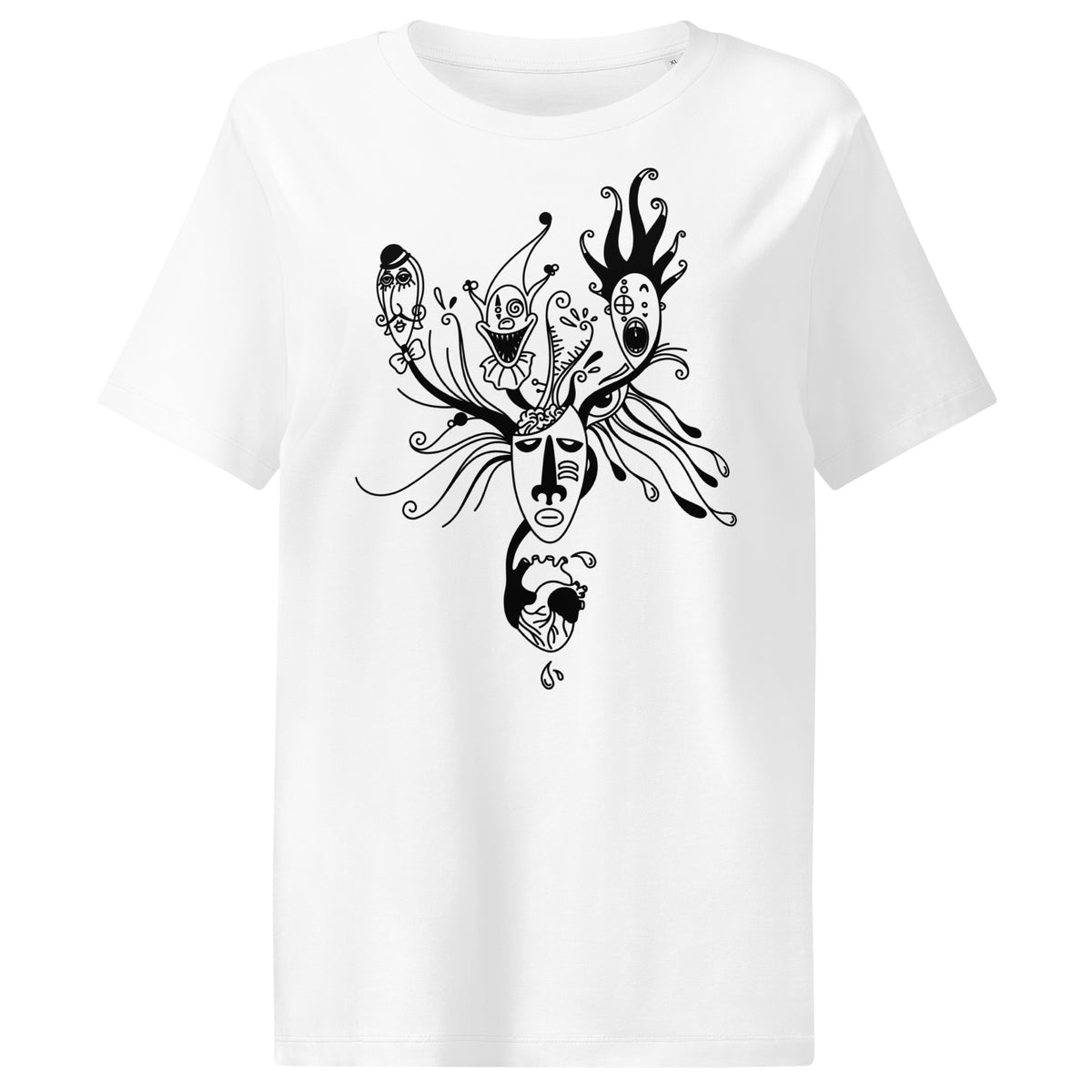 Weißes Damen-T-Shirt mit schwarzem Masken-Illustrationsmotiv auf der Brust