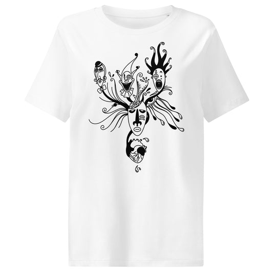 Weißes Damen-T-Shirt mit schwarzem Masken-Illustrationsmotiv auf der Brust