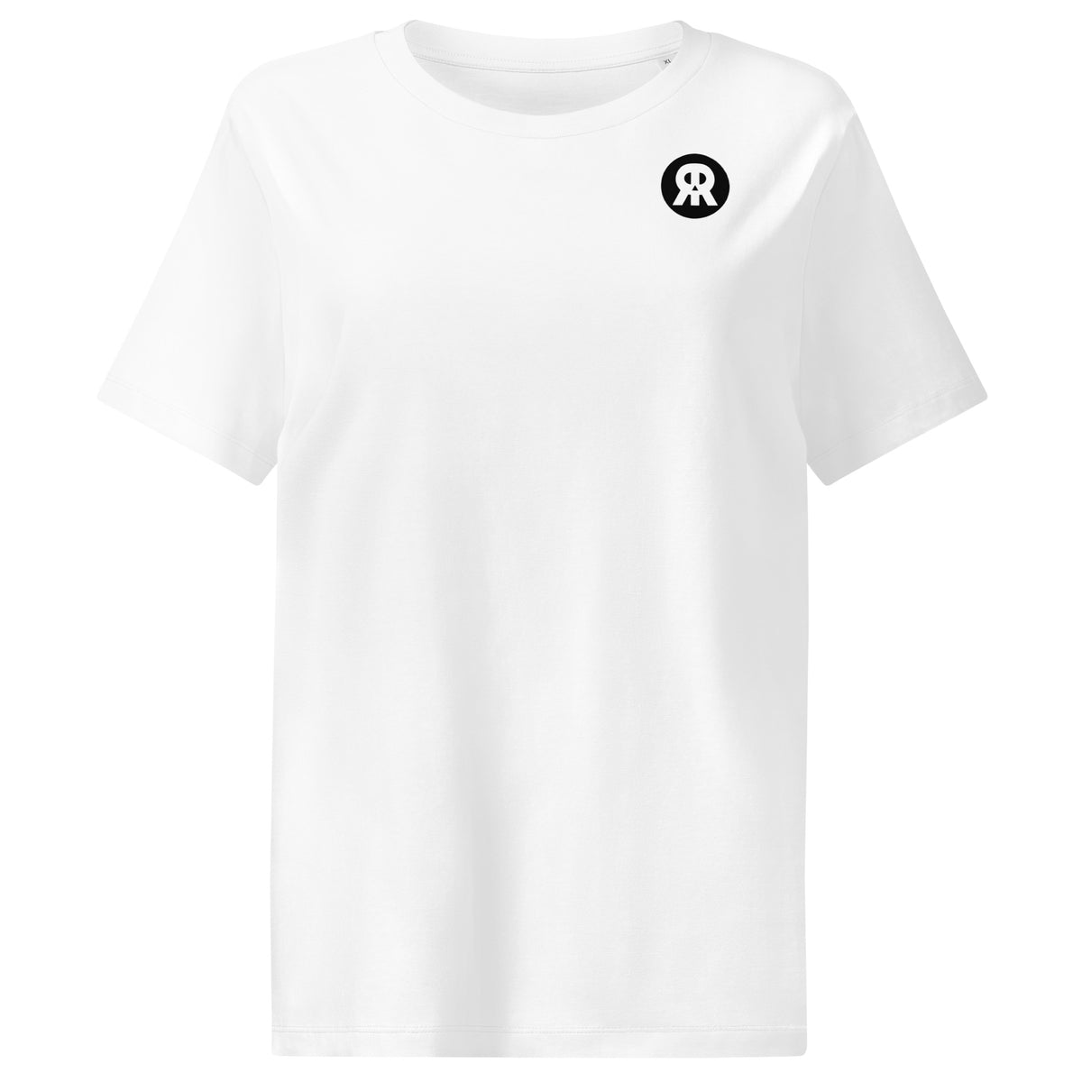 Klares weißes Damen-T-Shirt mit Rundhalsausschnitt, kurzen Ärmeln und kleinem schwarzem Brustdruck
