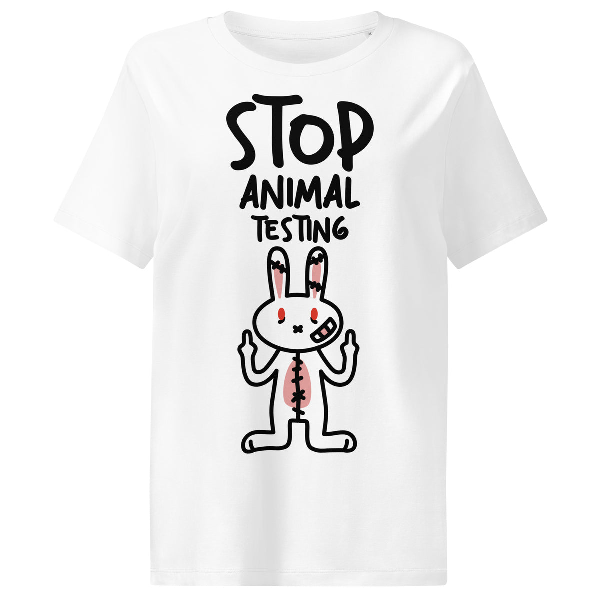 Damen-T-Shirt in Weiß mit Aufdruck „STOP ANIMAL TESTING“ und Hase