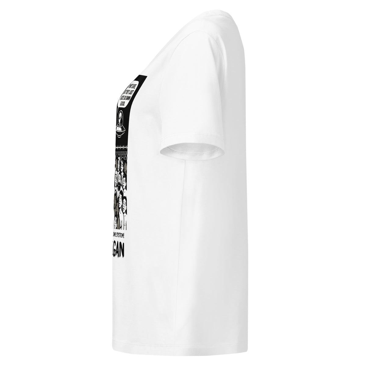 Damen-T-Shirt, weiß, seitliche Ansicht mit Alien-Grafik am Ärmel/Brust