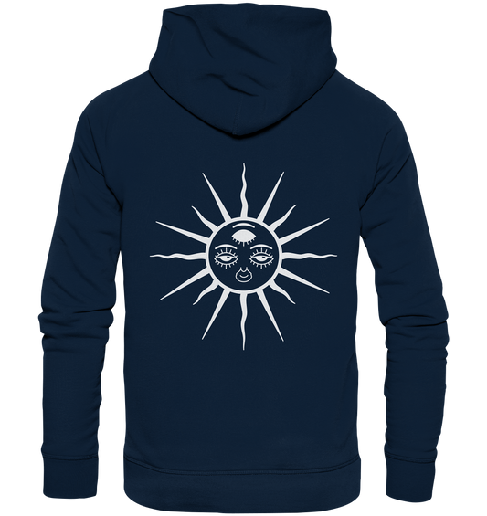 Vegan, Organic & Recycled Hoodie: The Sun - Third Eye Awakening (minimalistisch, bedruckt, Goa, Ethno, weiß auf dunkelblau)