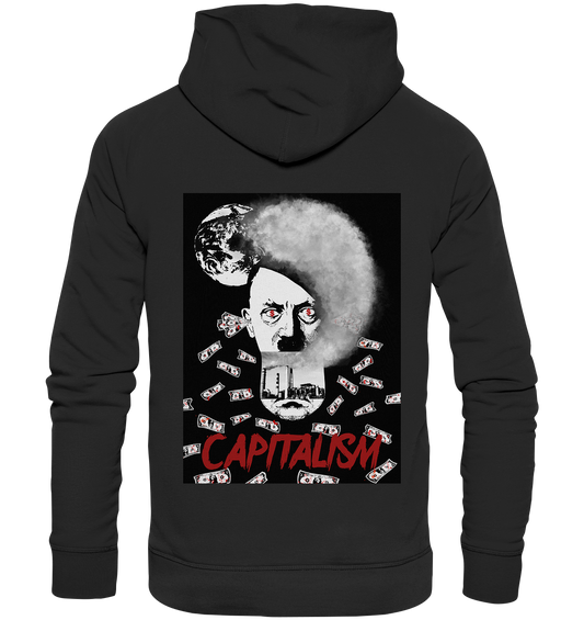 Vegan, Organic & Recycled Hoodie: Capitalism vs. Earth - The Money Game (bedruckt mit digitaler Collage z.T: Umweltverschmutzung, Kapitalismus, Geldgier, Zerstörung der Natur - zu sehen sind: Erde im Hintergrund, Gesicht in Schwellenwert Optik im Vordergrund mit Dollarzeichen in den Augen, Industrie als Schlund, Qualm, blutige Geldscheine - in schwarz-weiß und der rotem Aufschrift Capitalism unten - schwarzer Hintergrund) Farbe: Black