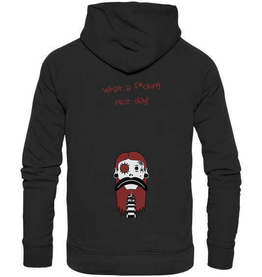 Vegan, Organic & Recycled Hoodie: Emo Girl im Gothic Style (bedruckt, Schriftzug "What a f*cking nice day!", Trauriges Mädchen in schwarz, weiß, rot, tätowiert, Spinnennetz und Spinne und Tunnels) 