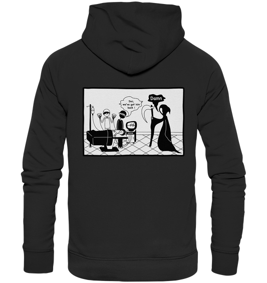 Vegan, Organic & Recycled Hoodie:  Comicstripe - The Reaper (Comic Stripe: Sensenmann im OP, Patient wird wiederbelebt, der Sensenmann ist enttäuscht, da er wieder einen Kunden verloren hat, schwarzer Humor) Farbe: schwarz