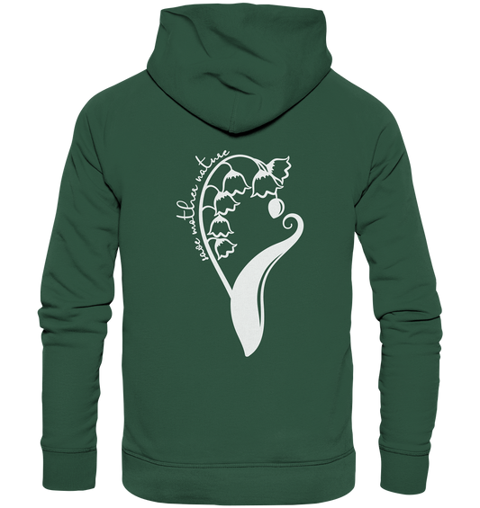 Vegan, Organic & Recycled Hoodie: Save Mother Nature with Flower Power (bedruckt, minimalistisch, Maiglöckchen, Naturschutz, grün)