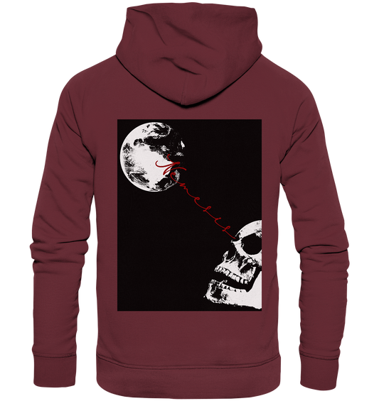 Vegan, Organic & Recycled Hoodie: Nemesis - Dystopische digitale Collage (bedruckt, Totenkopf schaut auf Erde, das Wort Nemesis in rot verbindet beide Bildelemente, auf schwarzem Hintergrund, minimalistisch, dystopisch, düster, Core, Heavy Metal, Gothic) color: dark red