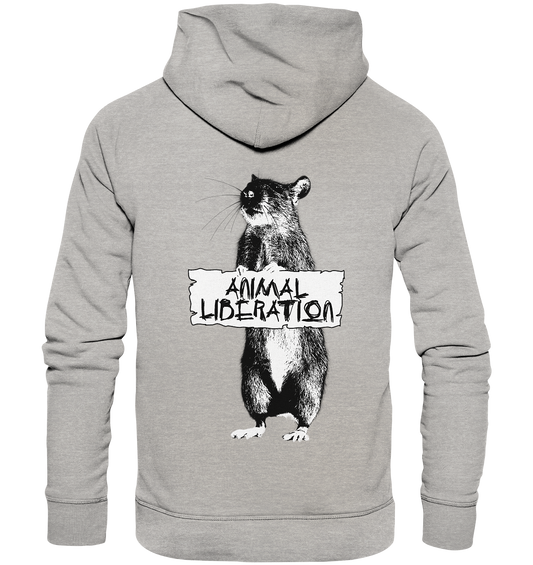 Vegan, Organic & Recycled Hoodie: Rat in Black and White - Animal Liberation (bedruckt mit digital Collage, stilisierte Ratte in schwarz weiß hält ein Schild mit der Aufschrift "Animal Liberation", Tierschutz) in hellgrau