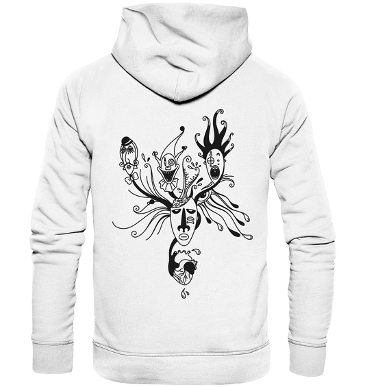 Weißer, bedruckter - Vegan, Organic & Recycled - Hoodie: Behind the Mask...(Herz, Maske, Auge, Harlekin, Clown und Pantomime im minimalistischen Blackline-Design)