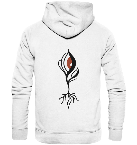 Vegan, Organic & Recycled Hoodie: Minimalist bloody Eye - Plant in focus (Planze mit rotem Auge und Wurzeln, schwarz auf weiß)