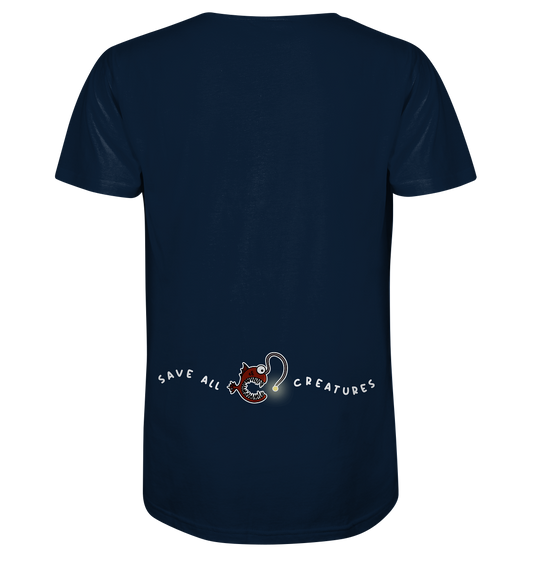 Vegan & Organic Unisex Shirt: Weird Frogfish (roter Comic - Fisch mit großen spitzen Zähnen, der schriftzug "save all creatures" als Welle formatiert, Tierschutz, Rettet unsere Meere) Farbe: darkblue