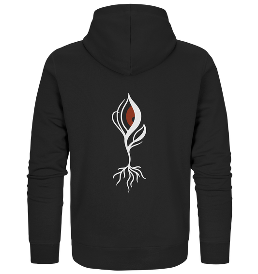 Vegan, Organic & Recycled Zipper Hoodie: Minimalist bloody Eye - Plant in focus (bedruckt, minimalistisch, Pflanze mit rotem Auge und Wurzel) weiß auf schwarz