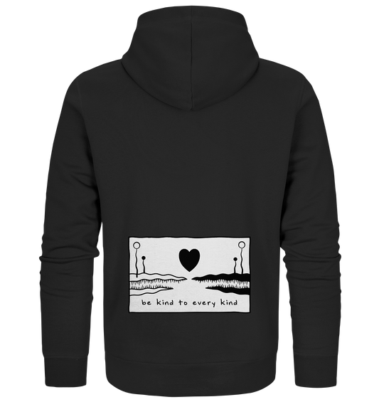 Vegan, Organic & Recycled Zipper Hoodie: "be kind to every kind" (bedruckt mit Fantasiewesen erinnern an Krokodile in schwarz weiß mit Herz und Schriftzug, Gleichberechtigung, Gleichheit) auf schwarz