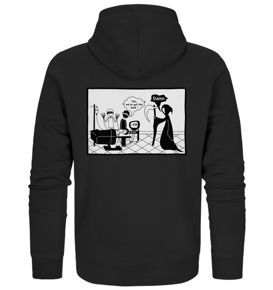 Vegan, Organic & Recycled Zipper Hoodie: Comicstripe - The Reaper (Comic Stripe: Sensenmann im OP, Patient wird wiederbelebt, der Sensenmann ist enttäuscht, da er wieder einen Kunden verloren hat, schwarzer Humor) Farbe: schwarz