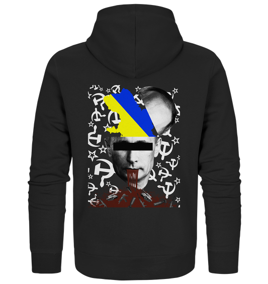 Vegan, Organic & Recycled Zipper Hoodie: STOP WAR IN UKRAINE! (Make Love not War, bedruckt mit digitale Collage, Putin, blutender Mund, herausströmende Waffen, Flagge der Ukraine, für Demonstration) auf schwarz