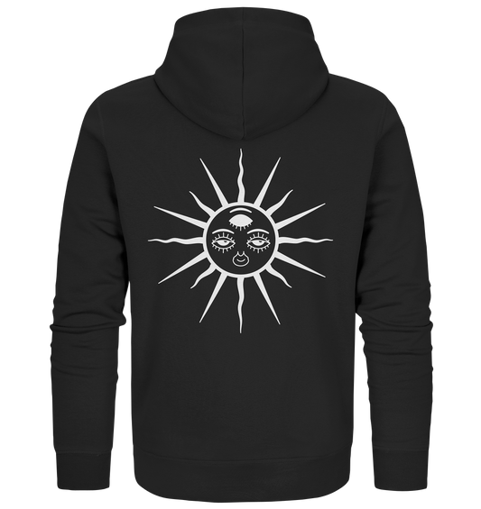 Vegan, Organic & Recycled Zipper Hoodie: The Sun - Third Eye Awakening (bedruckt mit Sonne mit drei Augen, Goa, Trance, minimalistisch, Sonnenstrahlen) weiß auf schwarz