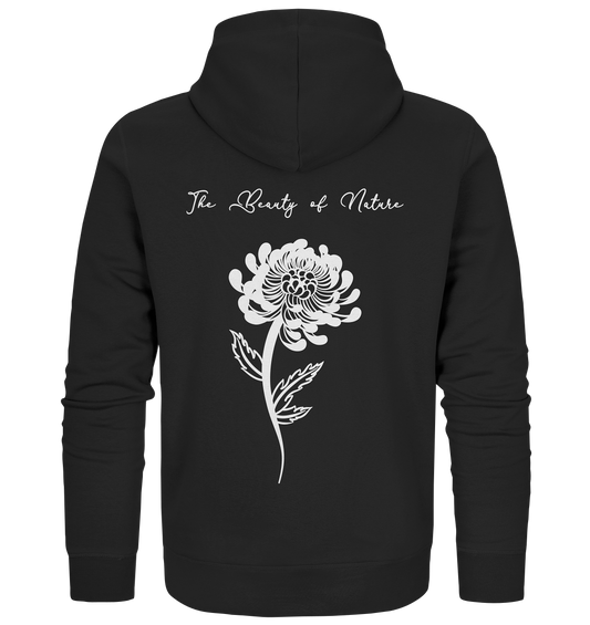 Vegan, Organic & Recycled Zipper Hoodie: Chrysantheme - The Beauty of Nature (Blume im minimalistischen Design und Schriftzug, Naturschutz, Umweltschutz) black